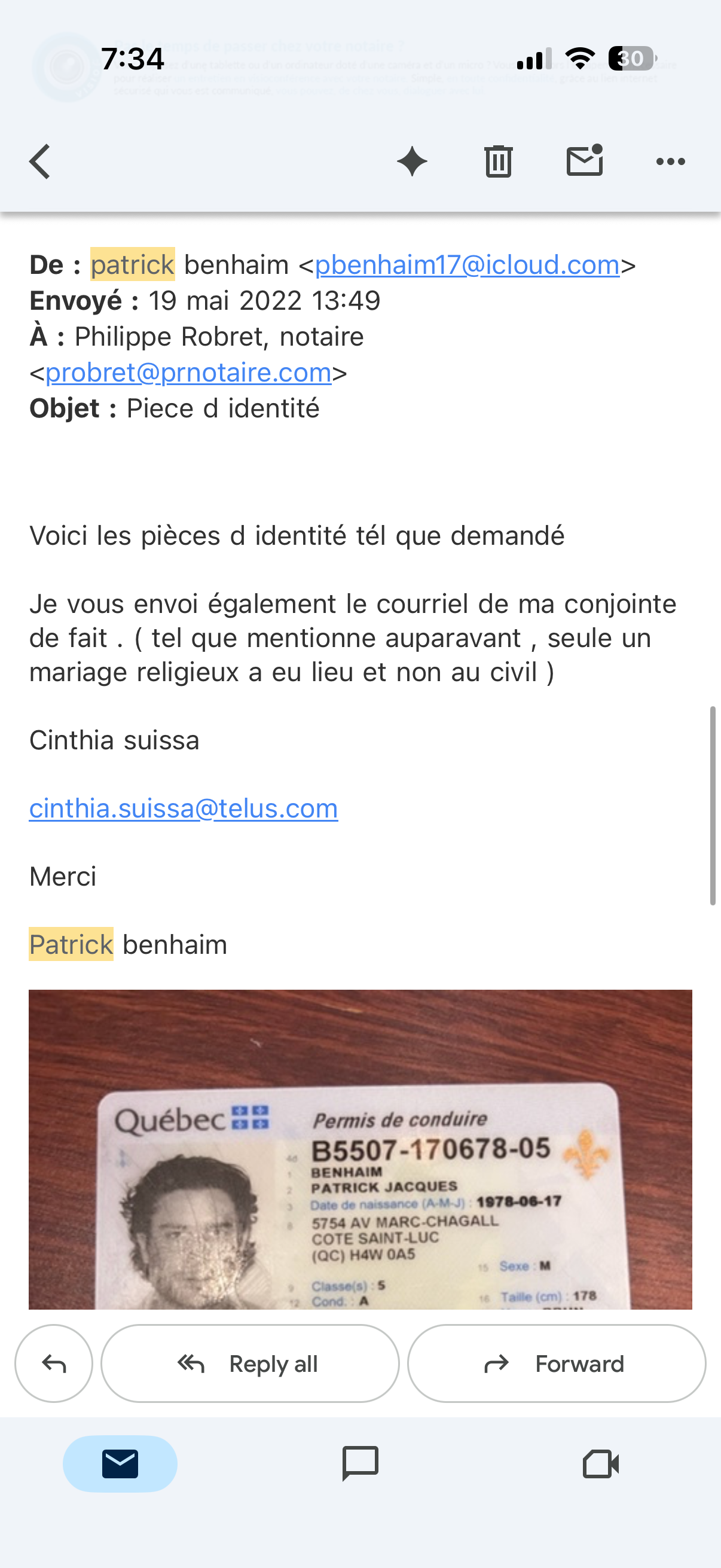 Courriel de Patrick au notaire sur le mariage religieux — Demarche notaire