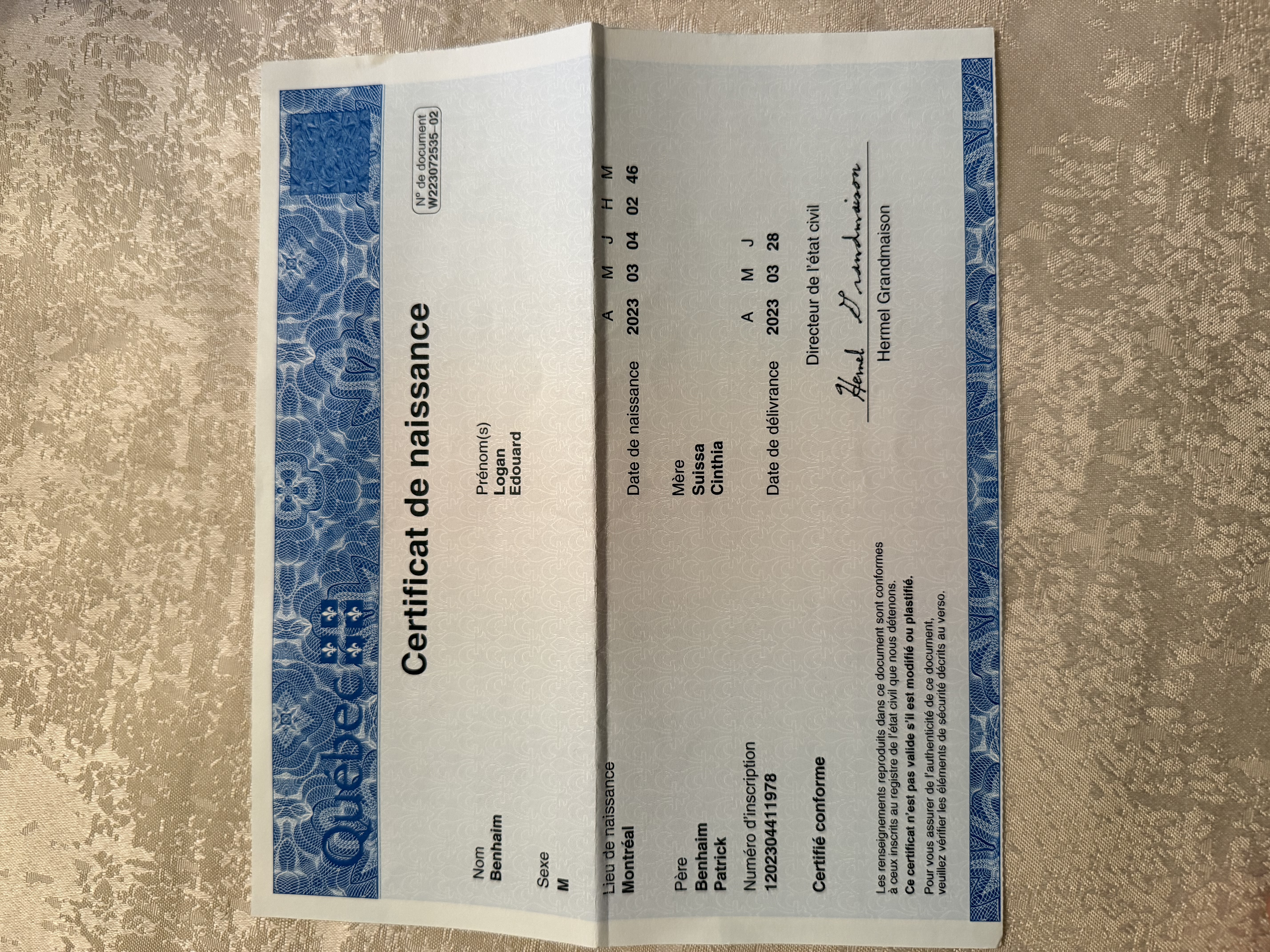 Certificat de naissance Logan Edouard Benhaim — Filiation officielle