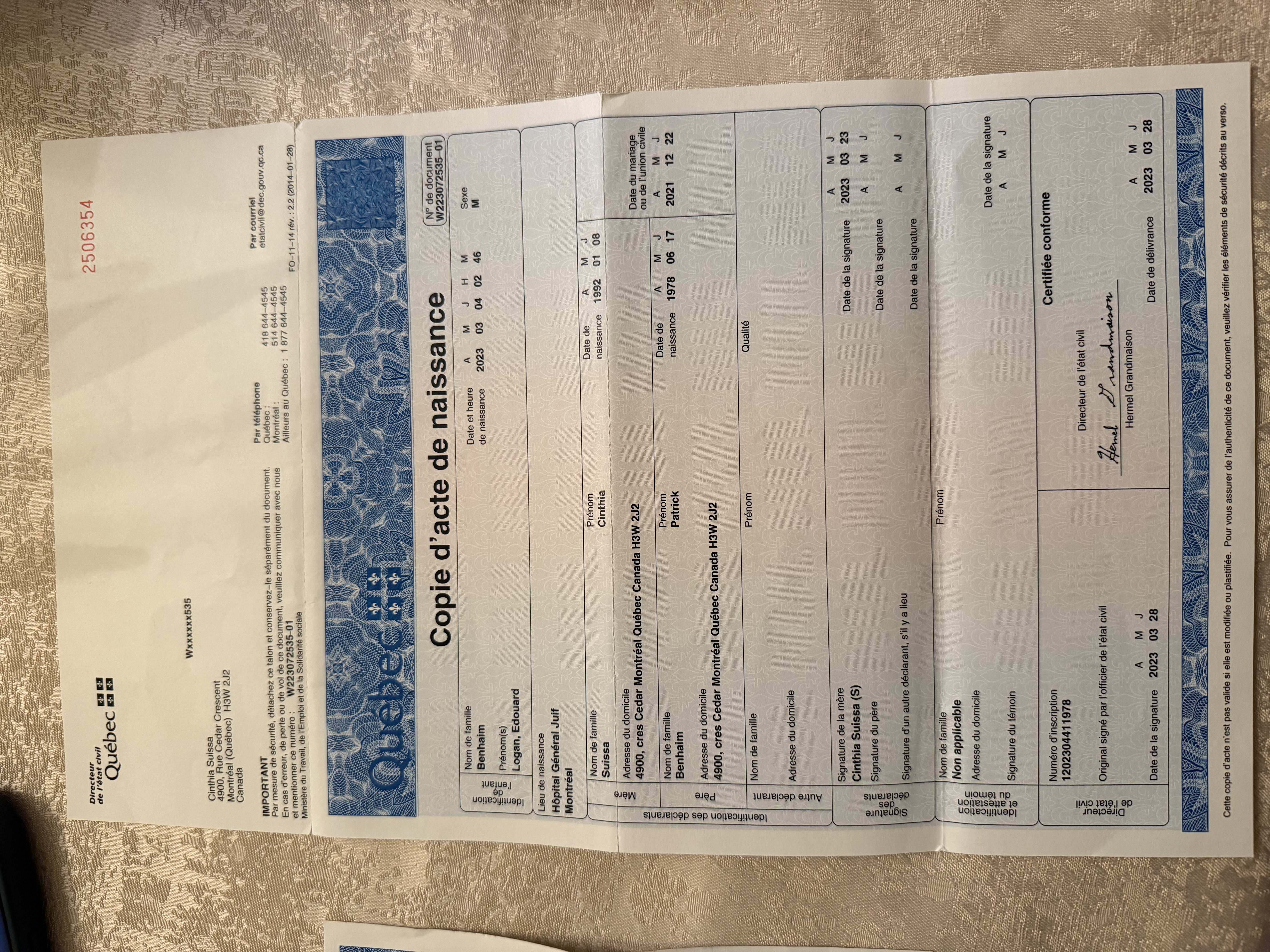Copie acte naissance Logan Benhaim — Preuve filiation et mariage