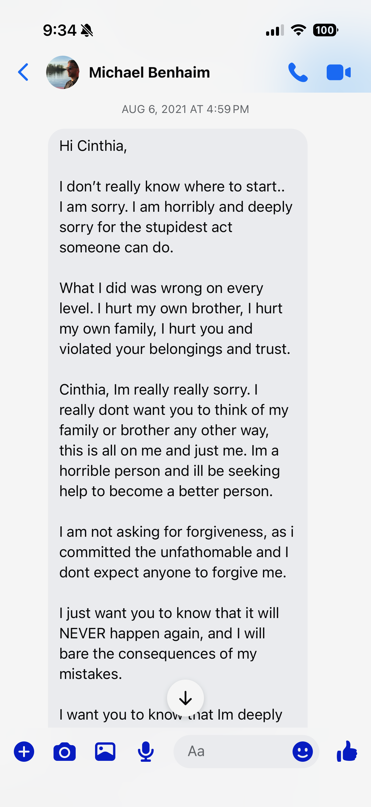 Message dexcuses de Michael Benhaim a Cinthia — Message texte (2)