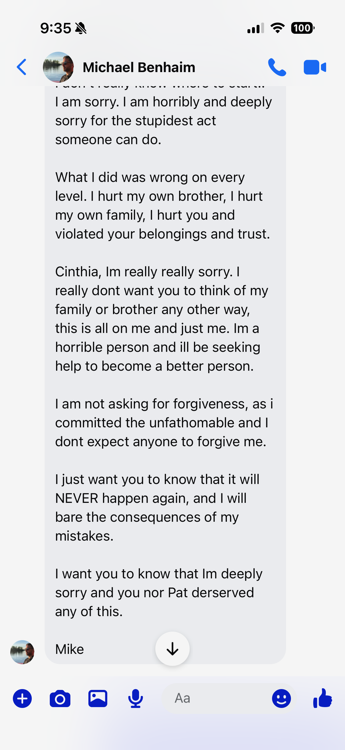 Message dexcuses de Michael Benhaim a Cinthia — message texte