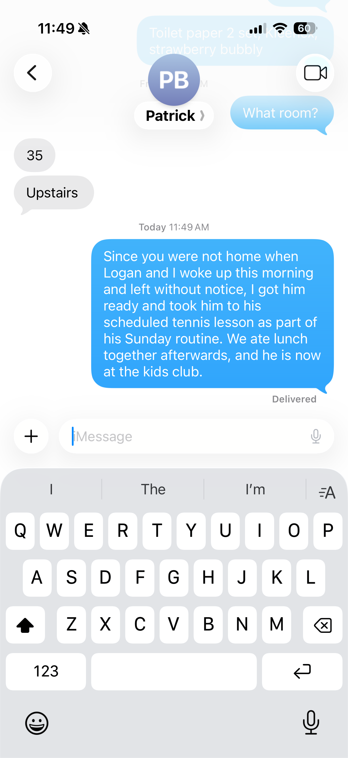 Message de Patrick concernant Logan et labsence de Cinthia — SMS Patrick