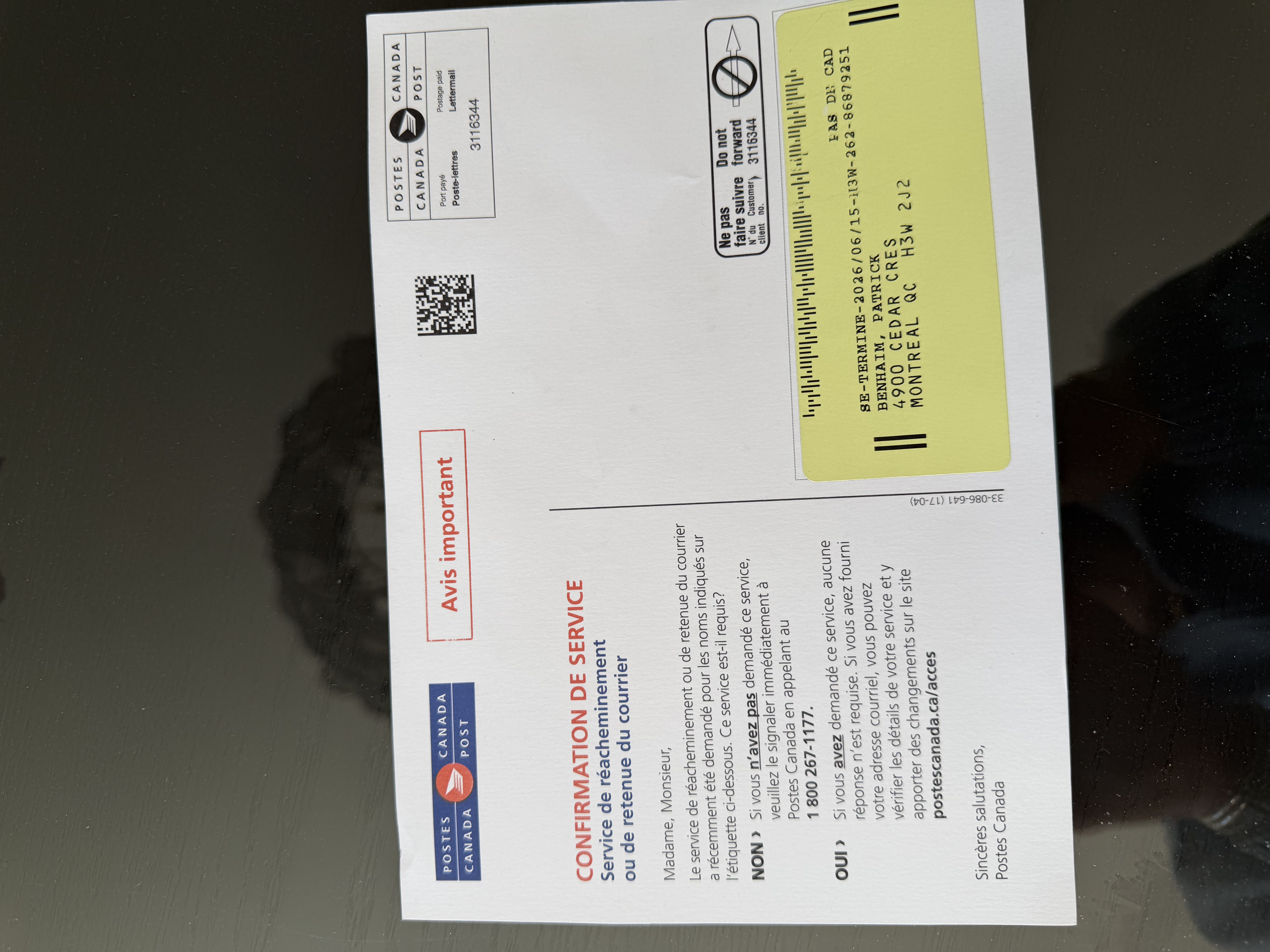 Confirmation de service de reacheminement — Courrier Postes Canada